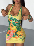 Women Tropical Fruit Printed Halter Neck Color Block Bodycon Dress