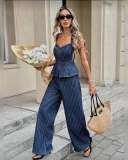Summer Women Dark Blue Striped Halter Top & Denim Pants Two-Piece Set