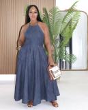 Women Plus Size Denim Halter Neck Slim Waist Swing Maxi Dress