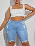 Summer Women Denim High Waist Elastic Slim Fit Washed Knee-Length Shorts