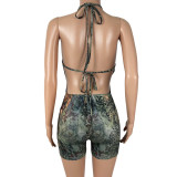 Women Leopard Print Halter Neck Low Back Jumpsuit