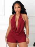 Summer Women Halter Neck Cowl Neck Low Back Tie Top & Shorts Two-Piece Set