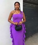 Women Sexy One Shoulder Solid Ruffled Long Dress African Chic Bodycon Dress