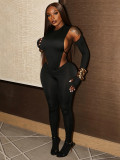 Summer Women Round Neck Sleeveless Double Side Hollow Out Bodysuit & Tight Pants Two-Piece Set