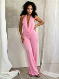 Women Sexy Mesh Halter Neck Cowl Neck Low Back Solid Two-Piece Pants Set