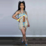 Women Colorful Crochet Knitting Fringe Shorts Two-Piece Set