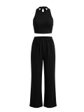 Women Waffle Halter Neck Crop Top & Wide Leg Pants Casual Two-Piece Set