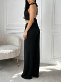 Women Waffle Halter Neck Crop Top & Wide Leg Pants Casual Two-Piece Set