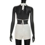 Spring & Summer Women Halter Neck Metal Button Patchwork Low Back Pleated High Waist Short Two-Piece Set