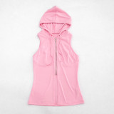 Spring & Summer Women Hooded Sleeveless Zip Split Long Top & High Waist Mini Skirt Two-Piece Set