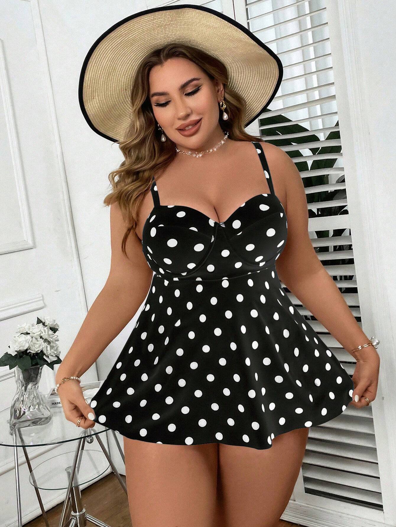 Plus Size Polka Dot Printed Swim Dress