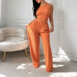 Women Waffle Halter Neck Crop Top & Wide Leg Pants Casual Two-Piece Set