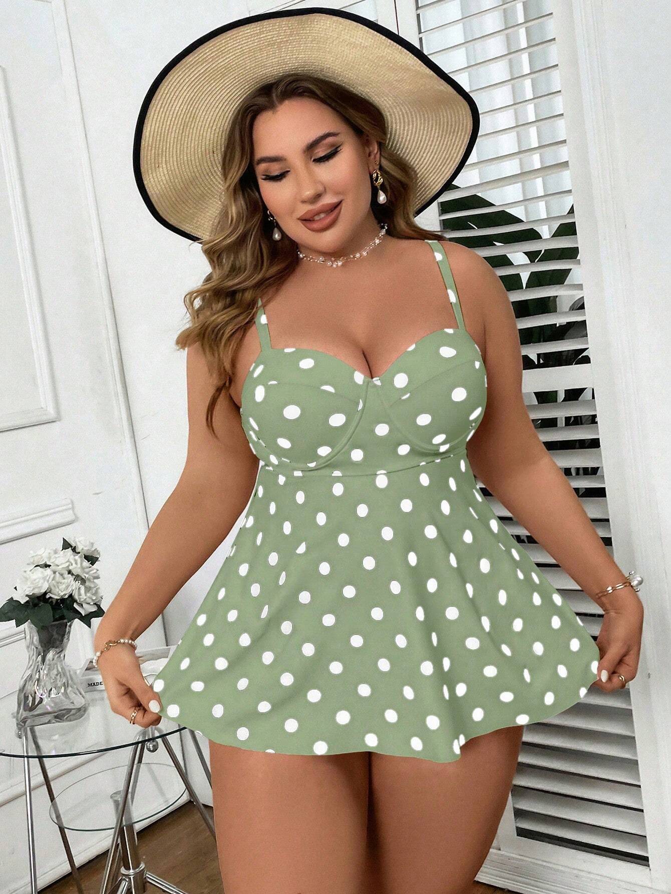 Plus Size Polka Dot Printed Swim Dress