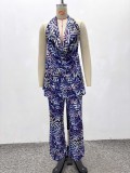 Women African Chic Career V-Neck Printed Sleeveless Top & Straight Pants Two-Piece Set