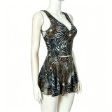 Women Sexy Leopard Print Mesh Mini Skirt Two-Piece Set