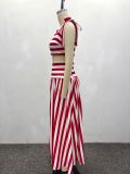 Women African Chic Striped Printed Tie Halter Top & High Waist Midi Skirt Two-Piece Set