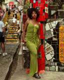 Women African Chic Slim Fitted Ruffle Edge Pleated High Waist Bodycon Long Dress
