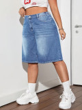 Summer Women Plus Size Denim Mid-Rise Loose Washed Wide Leg Knee-Length Shorts