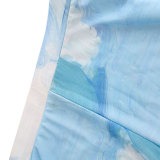 Summer Women Blue Painting Printed Mesh Bell Bottom High Waist See-Through Wide Leg Pants