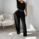Women Waffle Halter Neck Crop Top & Wide Leg Pants Casual Two-Piece Set