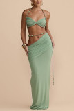 Women Holidays Beaded Halter Neck Sexy Low Back Sleeveless Slim Fitted Bodycon Two-Piece Skirt Set