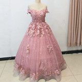 Women Luxury Embroidery Tulle Puffy Off Shoulder Party Evening Dress（Processing time need 3-6 days）