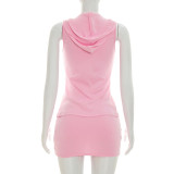 Spring & Summer Women Hooded Sleeveless Zip Split Long Top & High Waist Mini Skirt Two-Piece Set