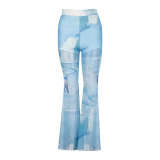 Summer Women Blue Painting Printed Mesh Bell Bottom High Waist See-Through Wide Leg Pants