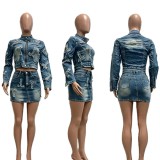 Women Denim Embroidered Jacket & Mini Skirt Two-Piece Set