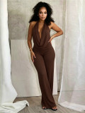 Women Sexy Mesh Halter Neck Cowl Neck Low Back Solid Two-Piece Pants Set