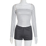 Summer Women Black & White Color Block Polka Dot Long Sleeve Shawl, Vest & Shorts Casual Three-Piece Set