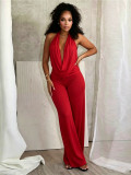 Women Sexy Mesh Halter Neck Cowl Neck Low Back Solid Two-Piece Pants Set