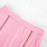 Spring & Summer Women Hooded Sleeveless Zip Split Long Top & High Waist Mini Skirt Two-Piece Set