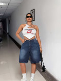 Summer Women Plus Size Denim Mid-Rise Loose Washed Wide Leg Knee-Length Shorts