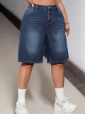 Summer Women Plus Size Denim Mid-Rise Loose Washed Wide Leg Knee-Length Shorts