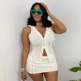 Spring & Summer Women Hooded Sleeveless Zip Split Long Top & High Waist Mini Skirt Two-Piece Set