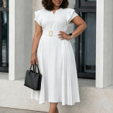 Summer Women Ruffled Short Sleeve Solid High Waist Pleated Maxi Dress