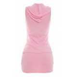 Spring & Summer Women Hooded Sleeveless Zip Split Long Top & High Waist Mini Skirt Two-Piece Set