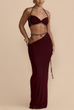 Women Holidays Beaded Halter Neck Sexy Low Back Sleeveless Slim Fitted Bodycon Two-Piece Skirt Set