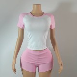 Women Color Block Casual Sporty Short Sleeve Top & Solid Shorts Two-Piece Set