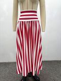 Women African Chic Striped Printed Tie Halter Top & High Waist Midi Skirt Two-Piece Set