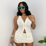 Spring & Summer Women Hooded Sleeveless Zip Split Long Top & High Waist Mini Skirt Two-Piece Set