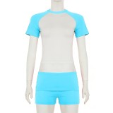 Women Color Block Casual Sporty Short Sleeve Top & Solid Shorts Two-Piece Set