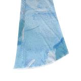 Summer Women Blue Painting Printed Mesh Bell Bottom High Waist See-Through Wide Leg Pants