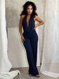Women Sexy Mesh Halter Neck Cowl Neck Low Back Solid Two-Piece Pants Set