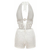 Spring & Summer Women Halter Neck Metal Button Patchwork Low Back Pleated High Waist Short Two-Piece Set