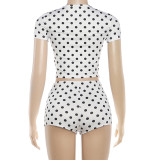 Spring & Summer Women Sexy Crop T-Shirt & Bodycon Polka Dot Printed Shorts Two-Piece Set
