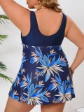 Women Plus Size Leaf Printed Slim Fit Two-Piece Dress Swimsuit