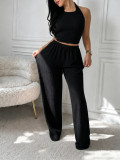 Women Waffle Halter Neck Crop Top & Wide Leg Pants Casual Two-Piece Set
