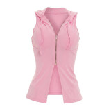 Spring & Summer Women Hooded Sleeveless Zip Split Long Top & High Waist Mini Skirt Two-Piece Set